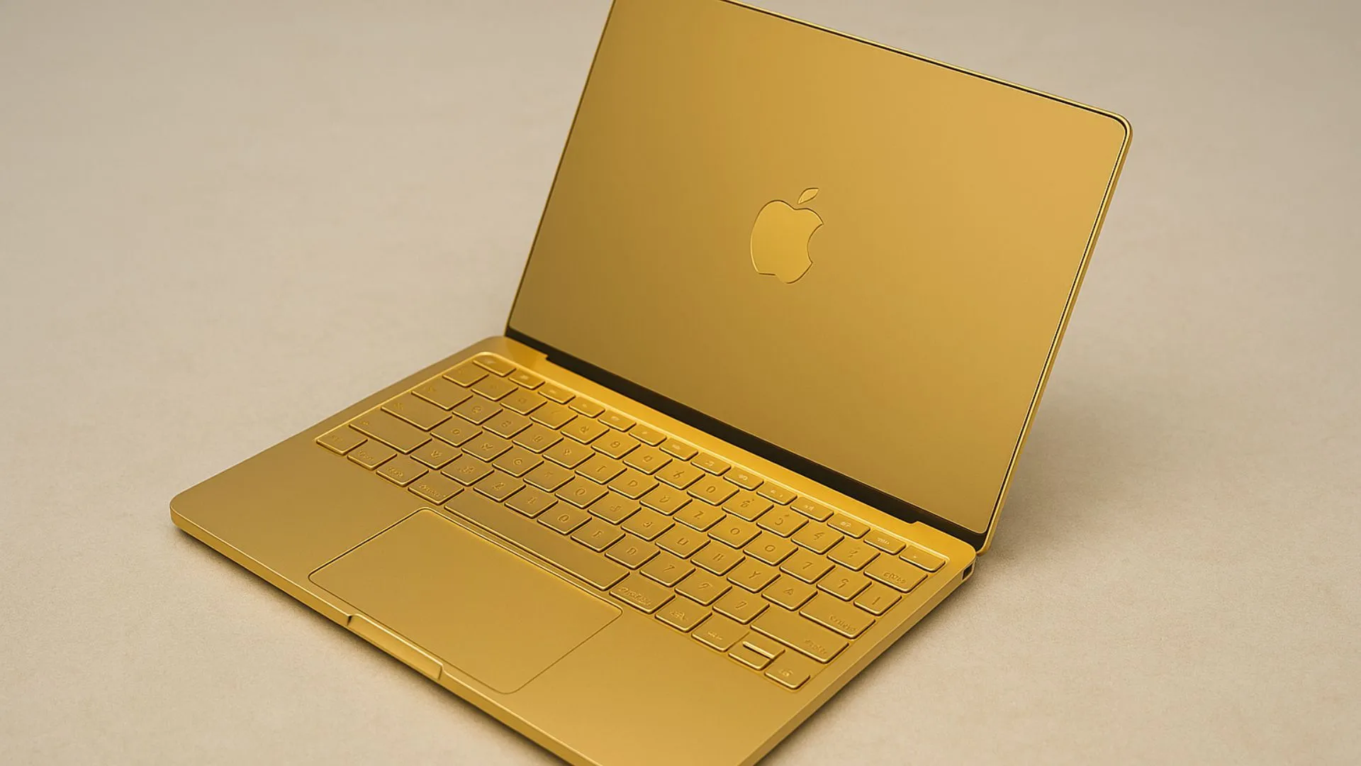 Hình ảnh chiếc MacBook bằng vàng khối, ẩn dụ cho chi phí sửa chữa cao ngất ngưởng của các thiết bị Apple khi hết bảo hành.