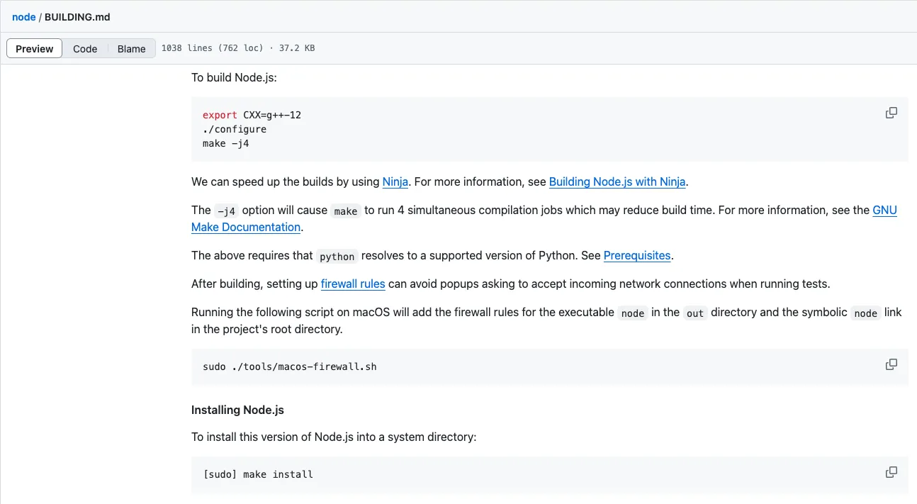 Hình ảnh đoạn trích từ tài liệu BUILDING.md của Node.js, minh họa rõ ràng các bước configure make install để biên dịch mã nguồn