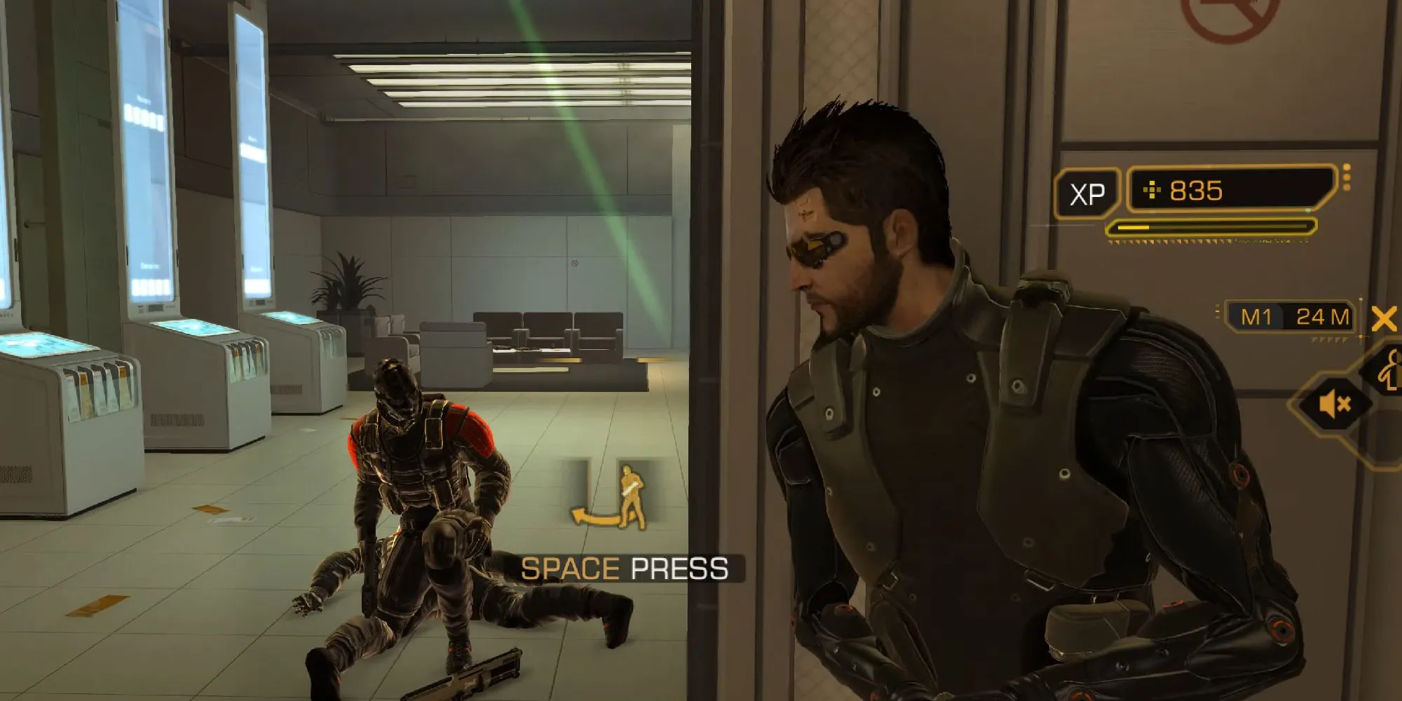 Hình ảnh gameplay của Deus Ex Human Revolution, minh họa thiết kế hệ thống và lựa chọn người chơi