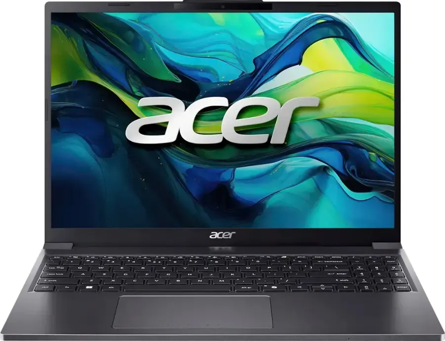 Hình ảnh laptop Acer Aspire Go 15 với màn hình sáng và bàn phím số đầy đủ, hiển thị thiết kế hiện đại màu xám thép