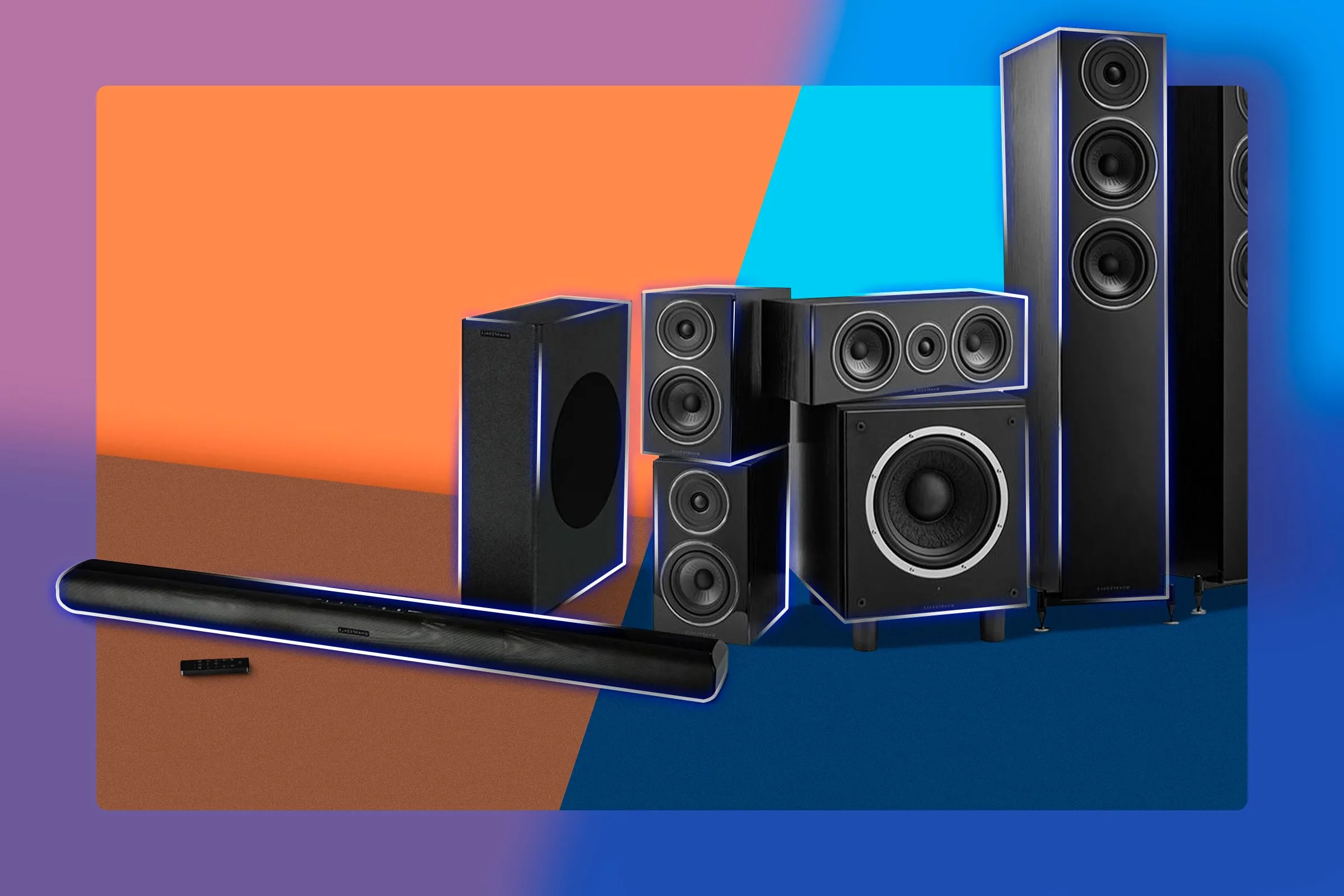 Hình ảnh minh họa bộ loa soundbar và hệ thống âm thanh gia đình (home theater system).