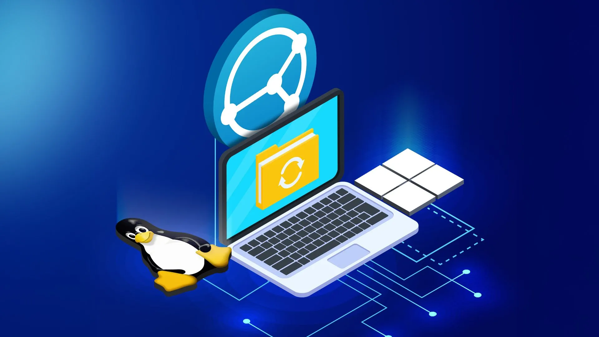 Hình ảnh minh họa laptop kết nối với các logo Syncthing, Windows và Linux, với biểu tượng thư mục đang được đồng bộ, thể hiện khả năng tương thích đa nền tảng của Syncthing.