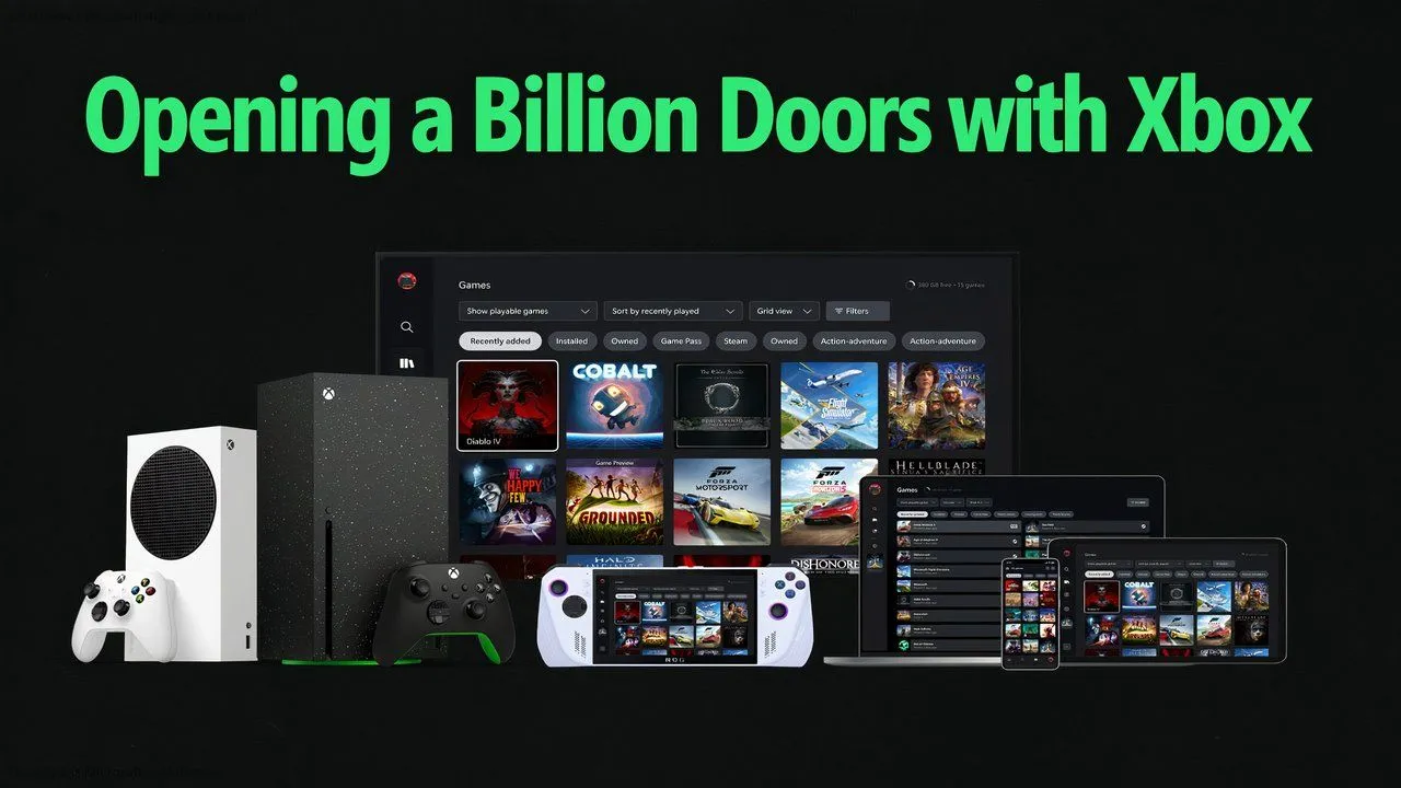 Hình ảnh minh họa tầm nhìn &quot;mọi màn hình là Xbox&quot; của Microsoft, với nhiều thiết bị khác nhau có khả năng chơi hoặc truyền phát game Xbox, thể hiện sự hội tụ giữa console và PC gaming.