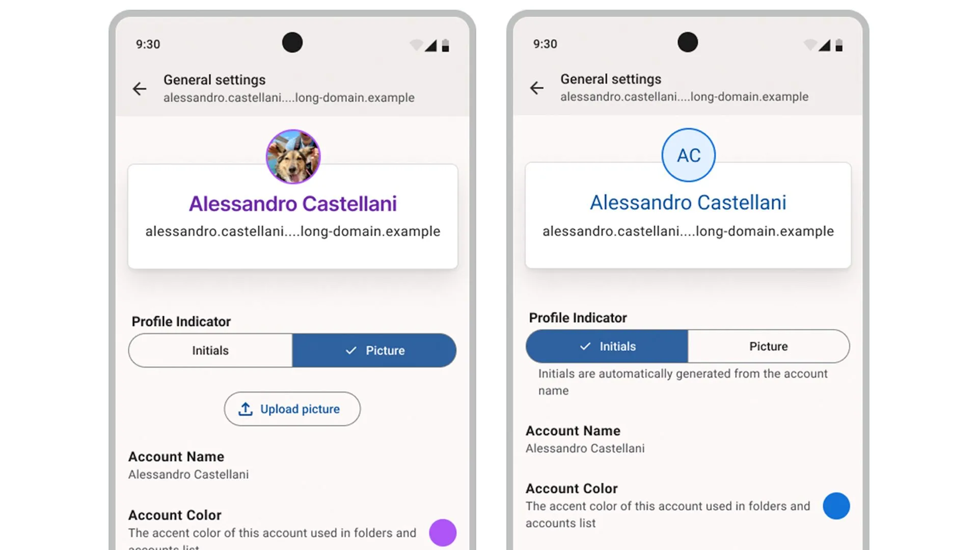 Hình ảnh mockup giao diện ngăn kéo tài khoản mới của Thunderbird trên Android, cho thấy cách tổ chức tài khoản email được cải thiện