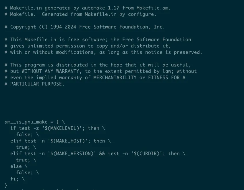 Hình ảnh một đoạn trích từ tệp Makefile được tự động tạo cho dự án htop, minh họa độ phức tạp của các quy tắc biên dịch