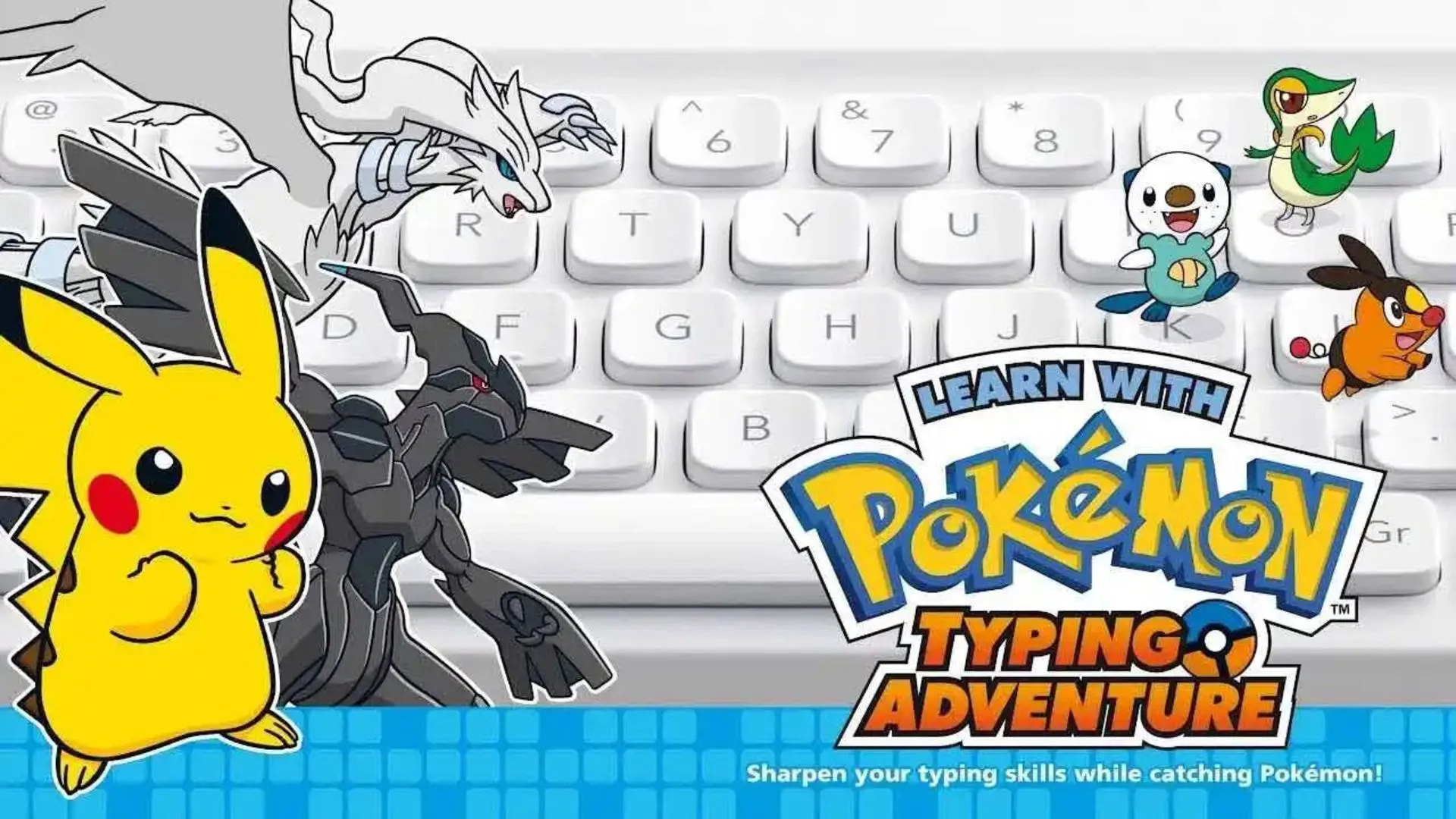 Hình ảnh quảng cáo game Learn with Pokémon: Typing Adventure, minh họa việc học đánh máy với các nhân vật Pokémon.
