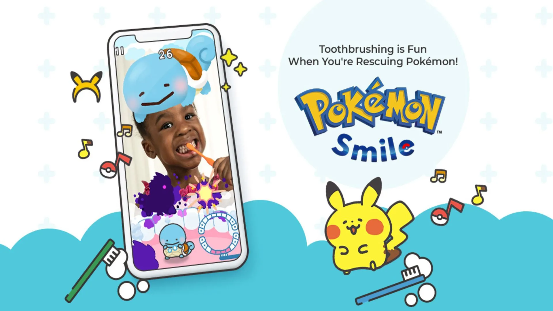 Hình ảnh quảng cáo game Pokémon Smile, một trò chơi khuyến khích trẻ em đánh răng.