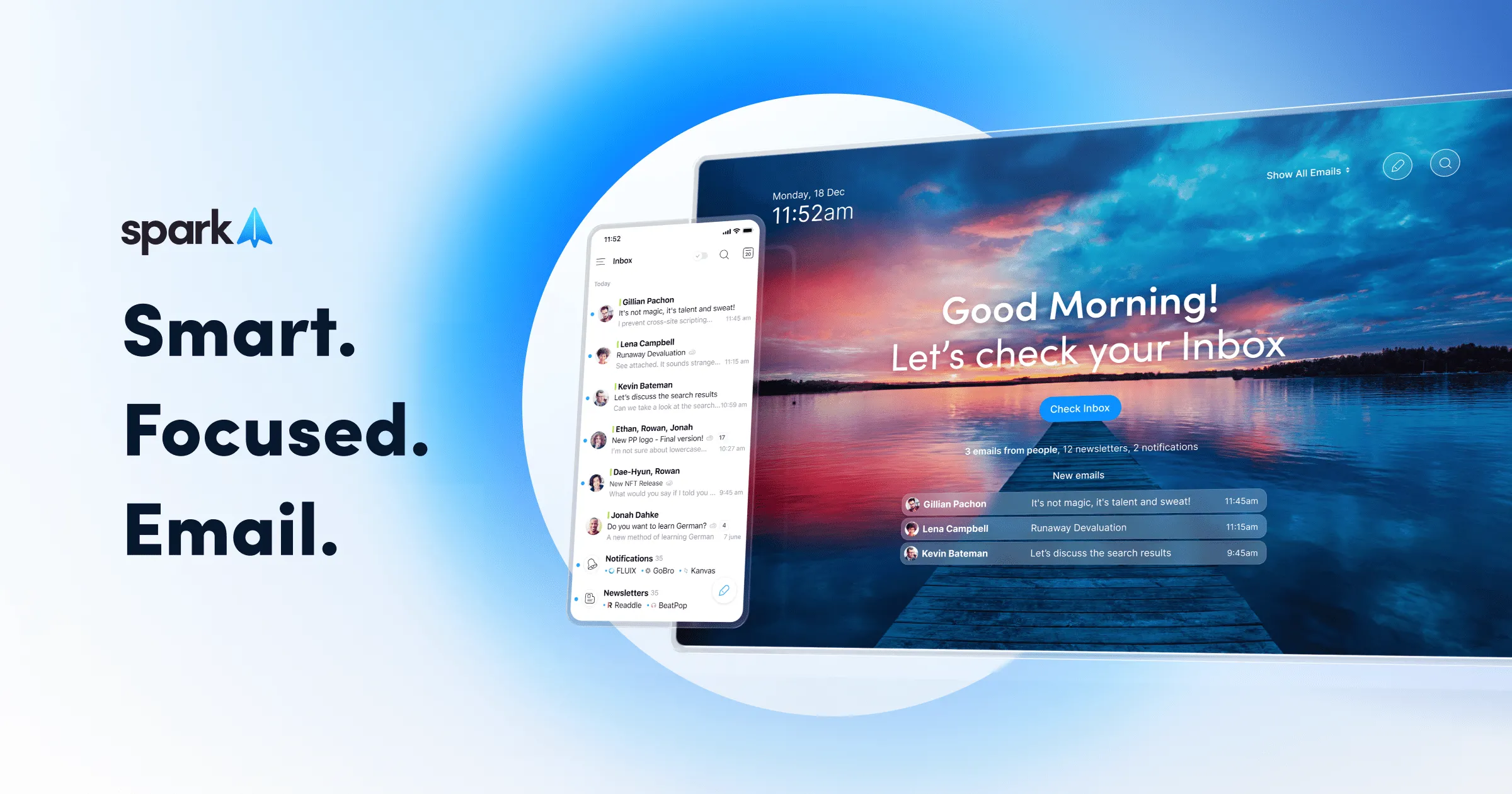 Hình ảnh tiếp thị từ Spark Email hiển thị giao diện ứng dụng trên điện thoại và máy tính để bàn