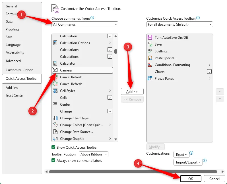 Hộp thoại Excel Options, với đường dẫn cần thiết để thêm Camera vào QAT
