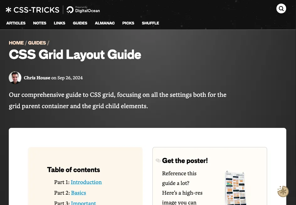 Hướng dẫn CSS Grid Layout của CSS-Tricks, một tài liệu toàn diện tập trung vào các thuộc tính CSS cho cả vùng chứa cha và các phần tử con trong hệ thống Grid.