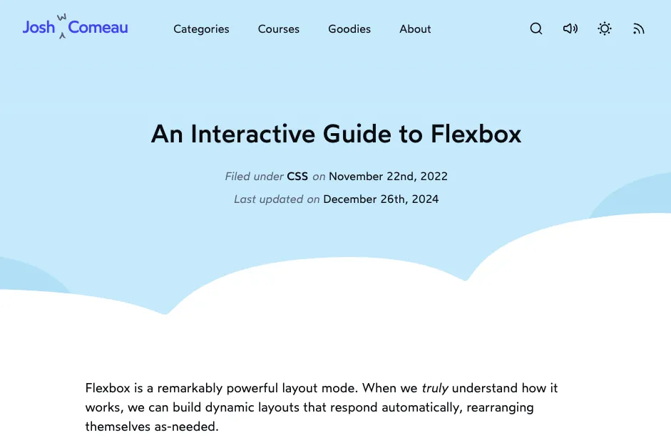 Hướng dẫn tương tác về Flexbox của Josh W. Comeau, với thông tin cập nhật gần nhất và giải thích về khả năng tạo bố cục web động của Flexbox.