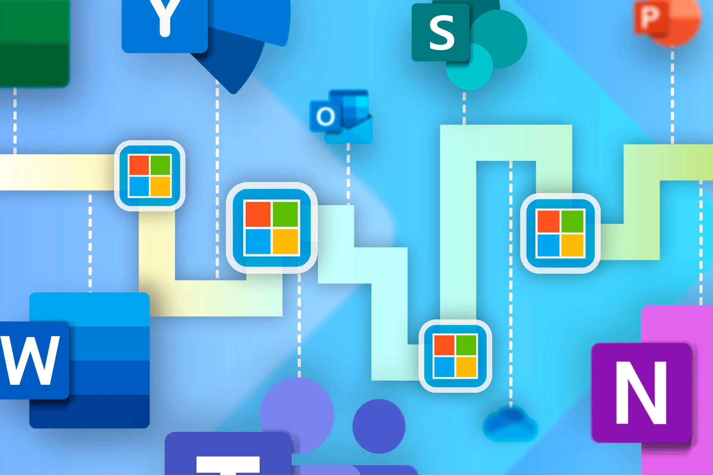 Infographic minh họa các cột mốc phát triển quan trọng của Microsoft Office và hệ sinh thái Microsoft