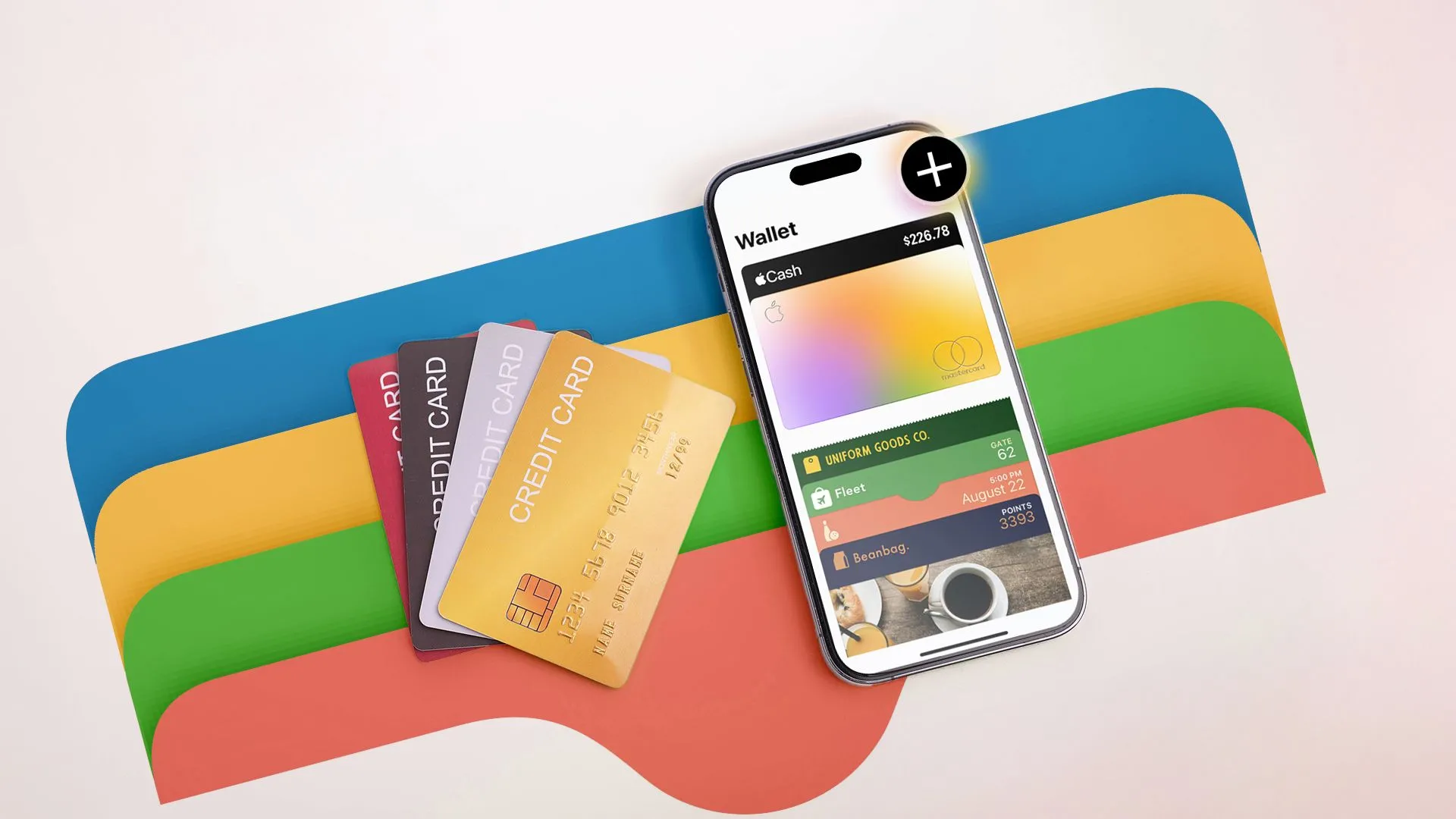 iPhone hiển thị ứng dụng Apple Wallet mở với nhiều thẻ thanh toán và thẻ tiện ích, cùng logo Apple Wallet ở hậu cảnh, thể hiện sự đa năng của ví điện tử.