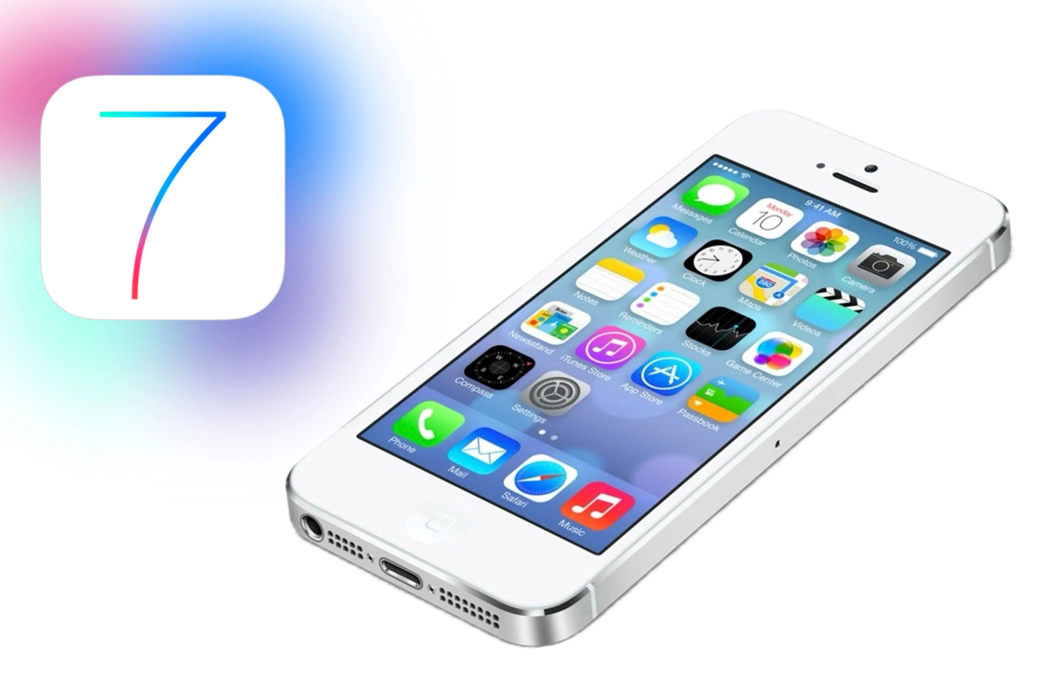 iPhone với iOS 7 cạnh biểu tượng và màu sắc mới, thể hiện thiết kế phẳng và trong suốt.