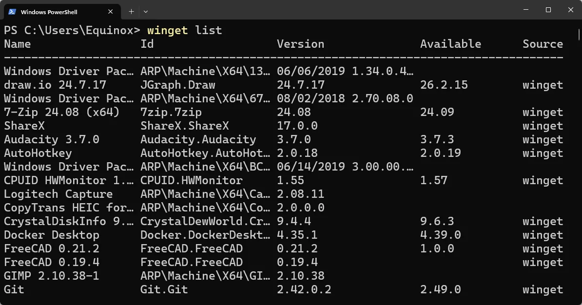 Kết quả của lệnh winget list trong Windows Terminal, hiển thị danh sách các ứng dụng đã cài đặt và phiên bản của chúng
