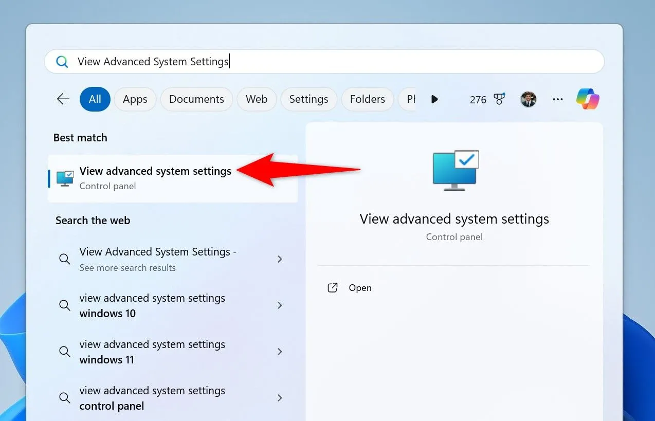 Kết quả tìm kiếm "View Advanced System Settings" trong Windows 11.