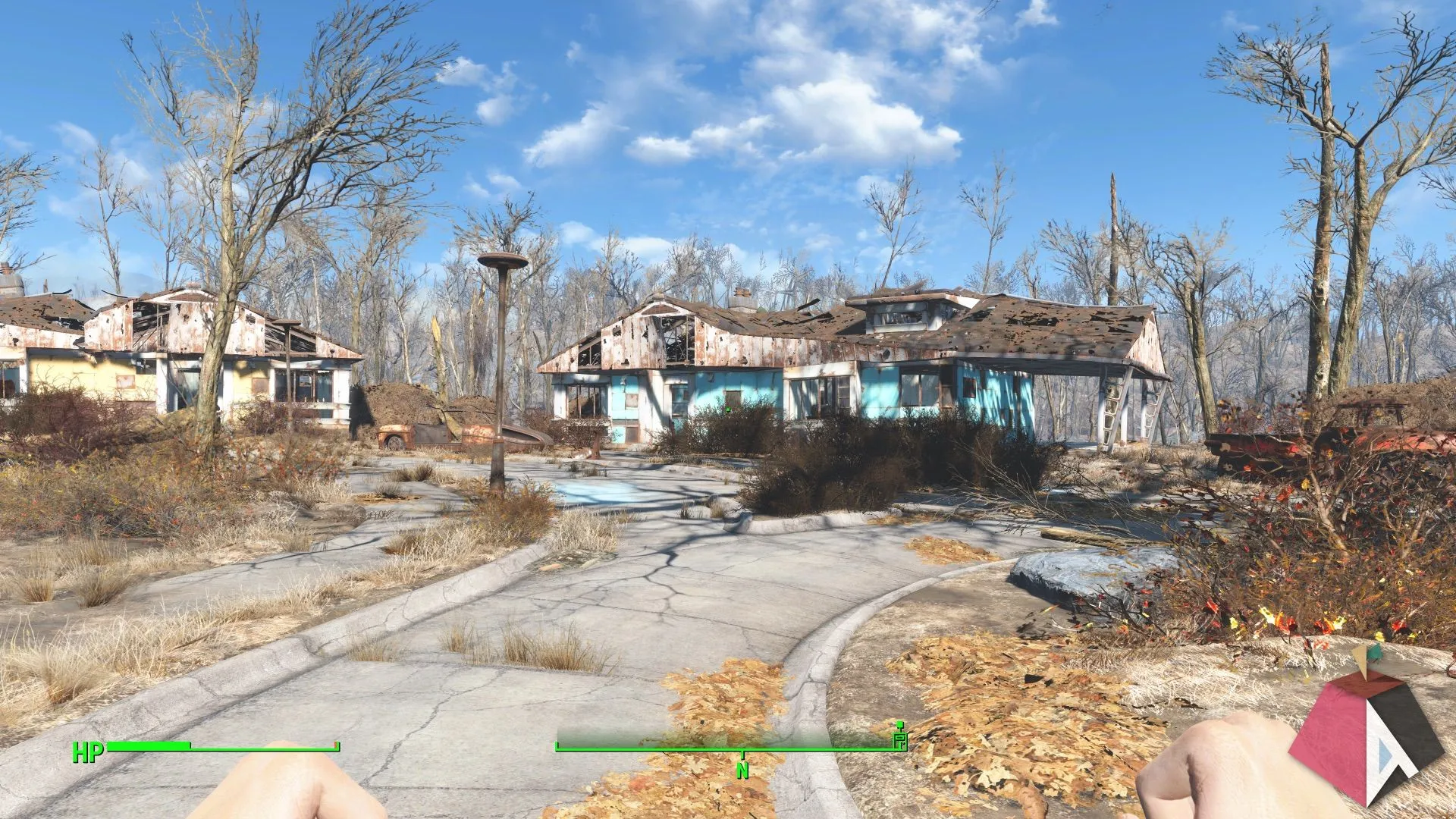 Khung cảnh hoang tàn của thế giới hậu tận thế trong game Fallout 4, minh họa cho khả năng kể chuyện môi trường.