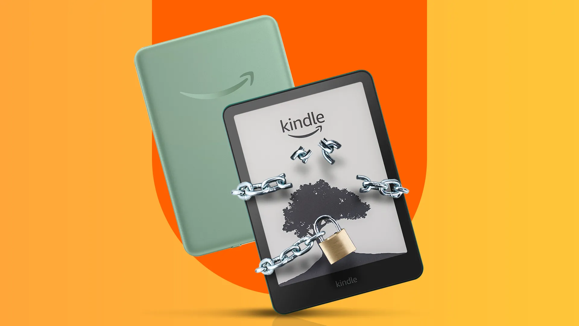 Kindle với ổ khóa và sợi xích bị phá vỡ, tượng trưng cho việc kiểm soát quảng cáo.