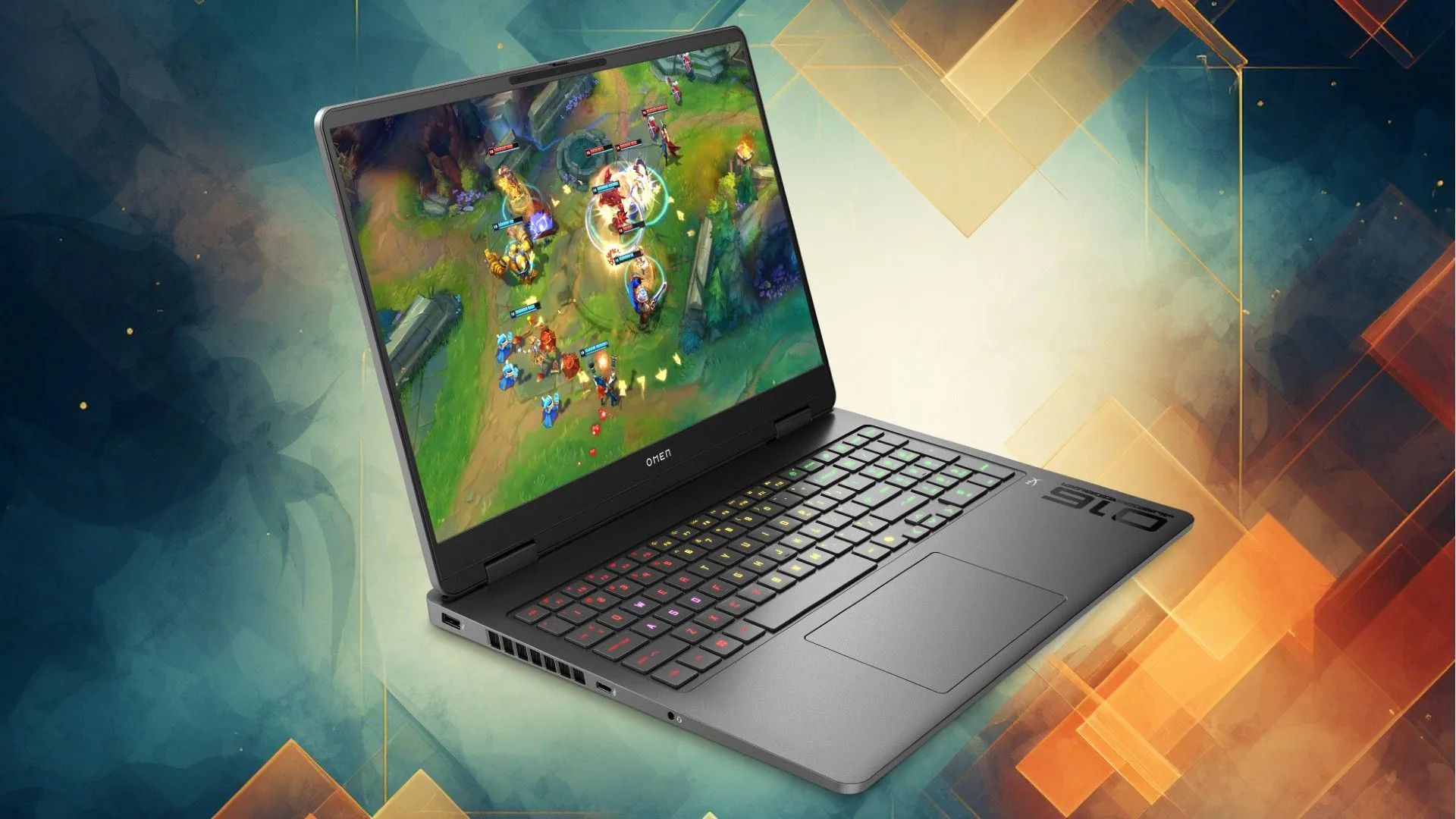 Laptop gaming HP OMEN 16 màu đen trên nền xanh cam
