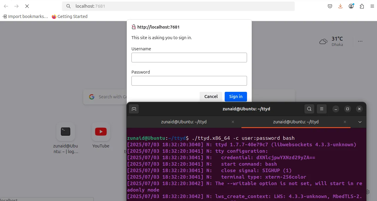 Lệnh ttyd -c user:password bash để tạo phiên terminal có bảo vệ bằng xác thực người dùng và mật khẩu.