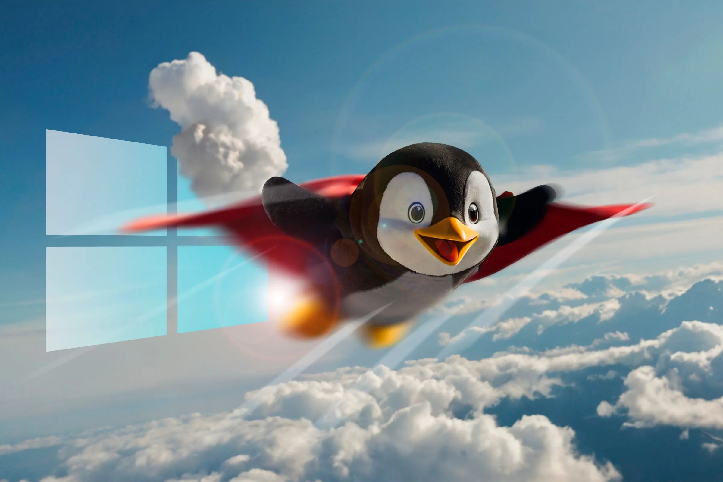 Linh vật Linux Tux bay vui vẻ trên mây, phía sau là logo Windows thể hiện sự chuyển đổi từ Windows sang Linux.
