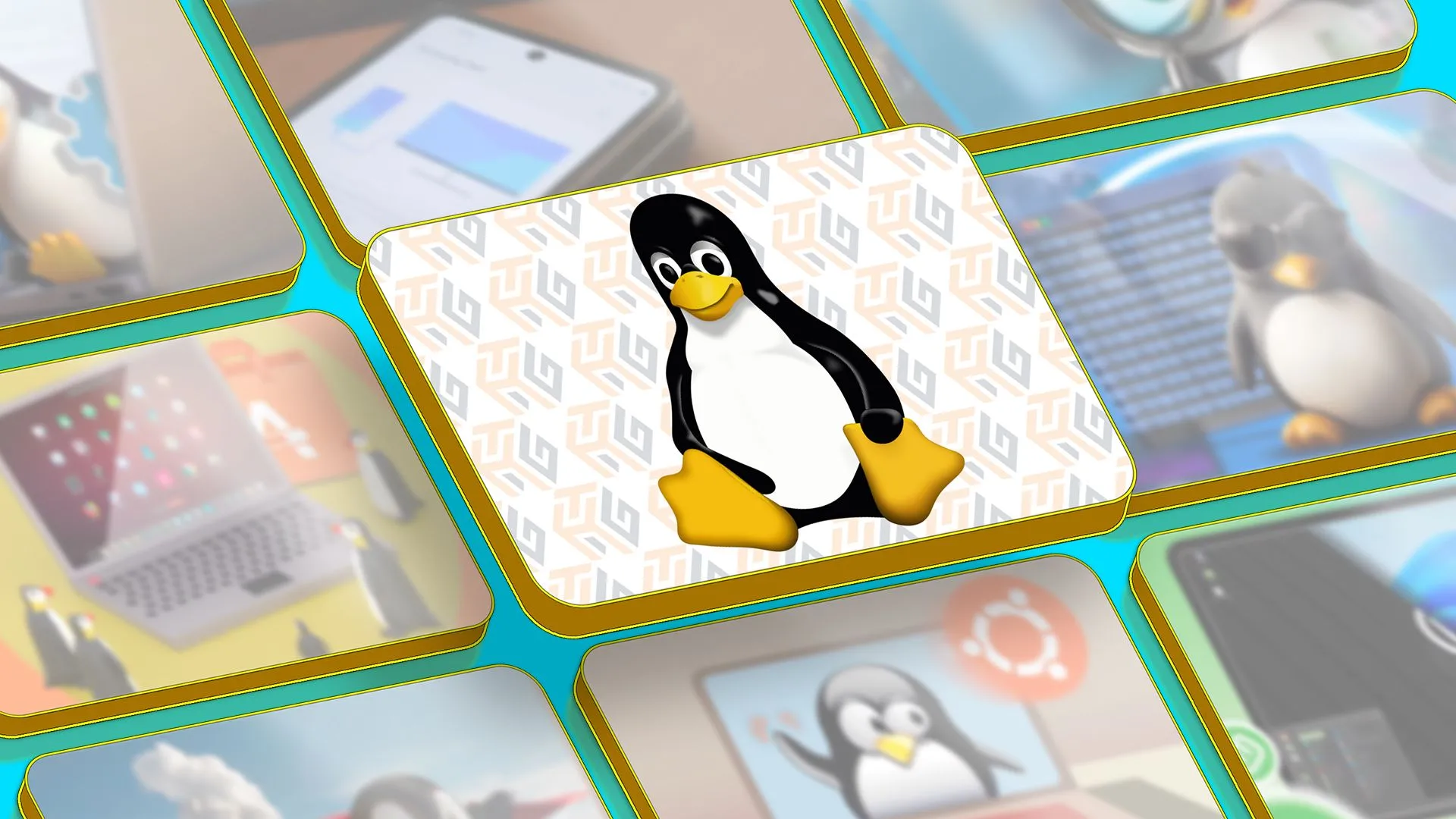 Linh vật Tux của Linux ở trung tâm màn hình, xung quanh là các hình ảnh nổi bật của bài viết liên quan đến hệ điều hành Linux.