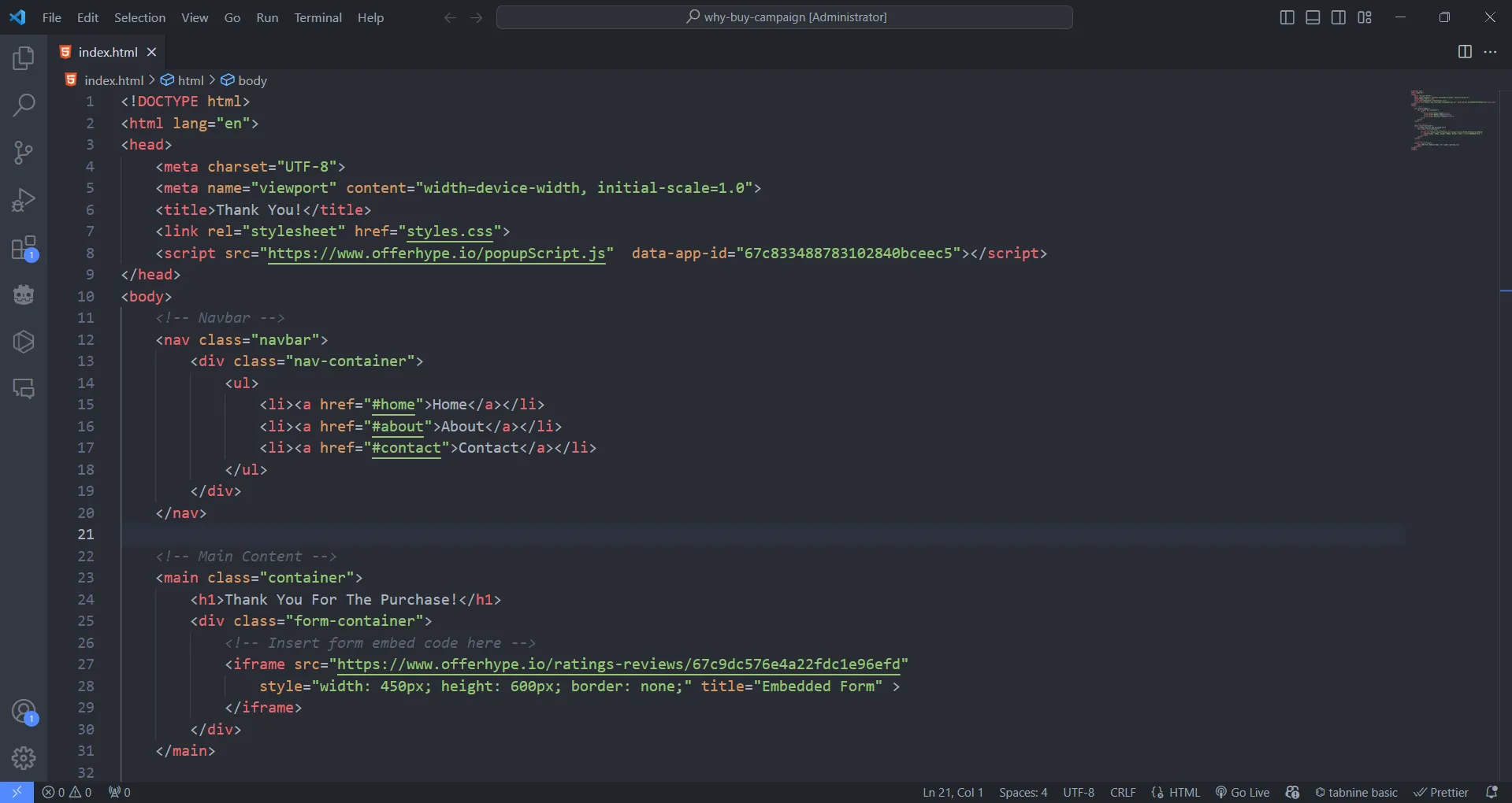 Mã HTML được hiển thị trong Visual Studio Code với tính năng tô sáng cú pháp