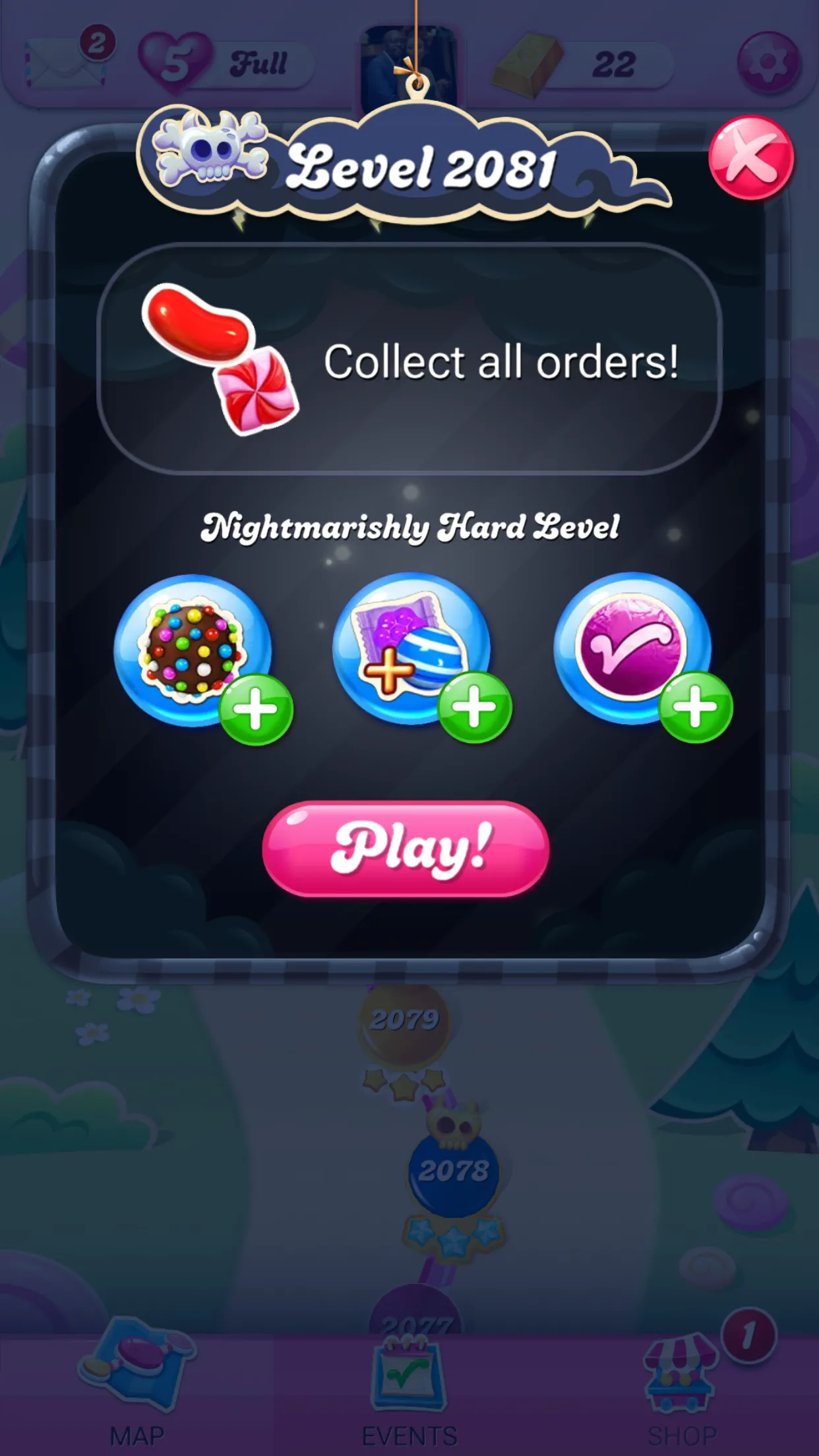 Màn hình bắt đầu cấp độ của game Candy Crush Saga trên iPhone.
