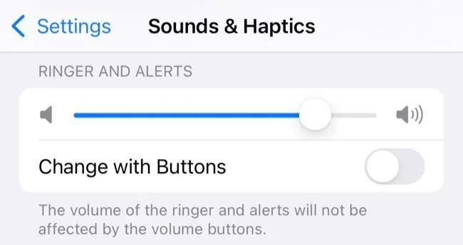 Màn hình cài đặt âm lượng chuông và cảnh báo trên iPhone