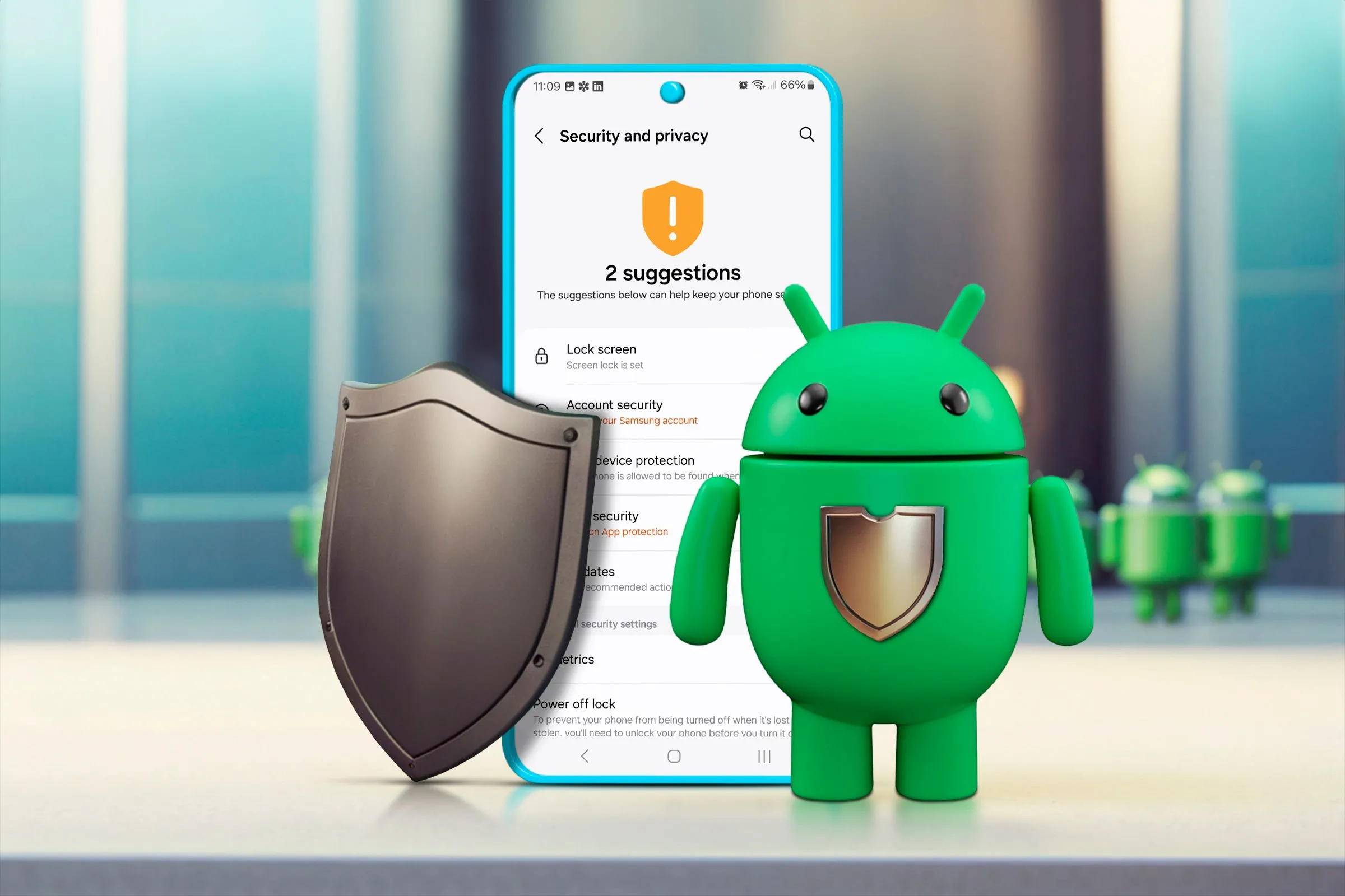 Màn hình cài đặt bảo mật và quyền riêng tư trên điện thoại Android với biểu tượng robot Android và khiên bảo vệ, minh họa tính năng an toàn mới.