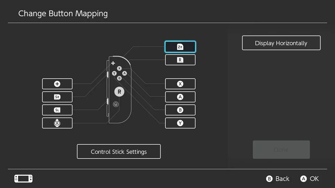 Màn hình cài đặt &quot;Change Button Mapping&quot; (Thay đổi Ánh xạ Nút) trên hệ thống Nintendo Switch, cho phép người dùng tùy chỉnh chức năng các nút điều khiển