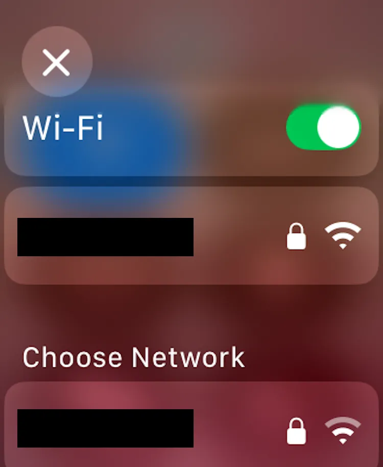 Màn hình cài đặt Wi-Fi trên Apple Watch khi nhấn giữ biểu tượng Wi-Fi trong Trung tâm điều khiển