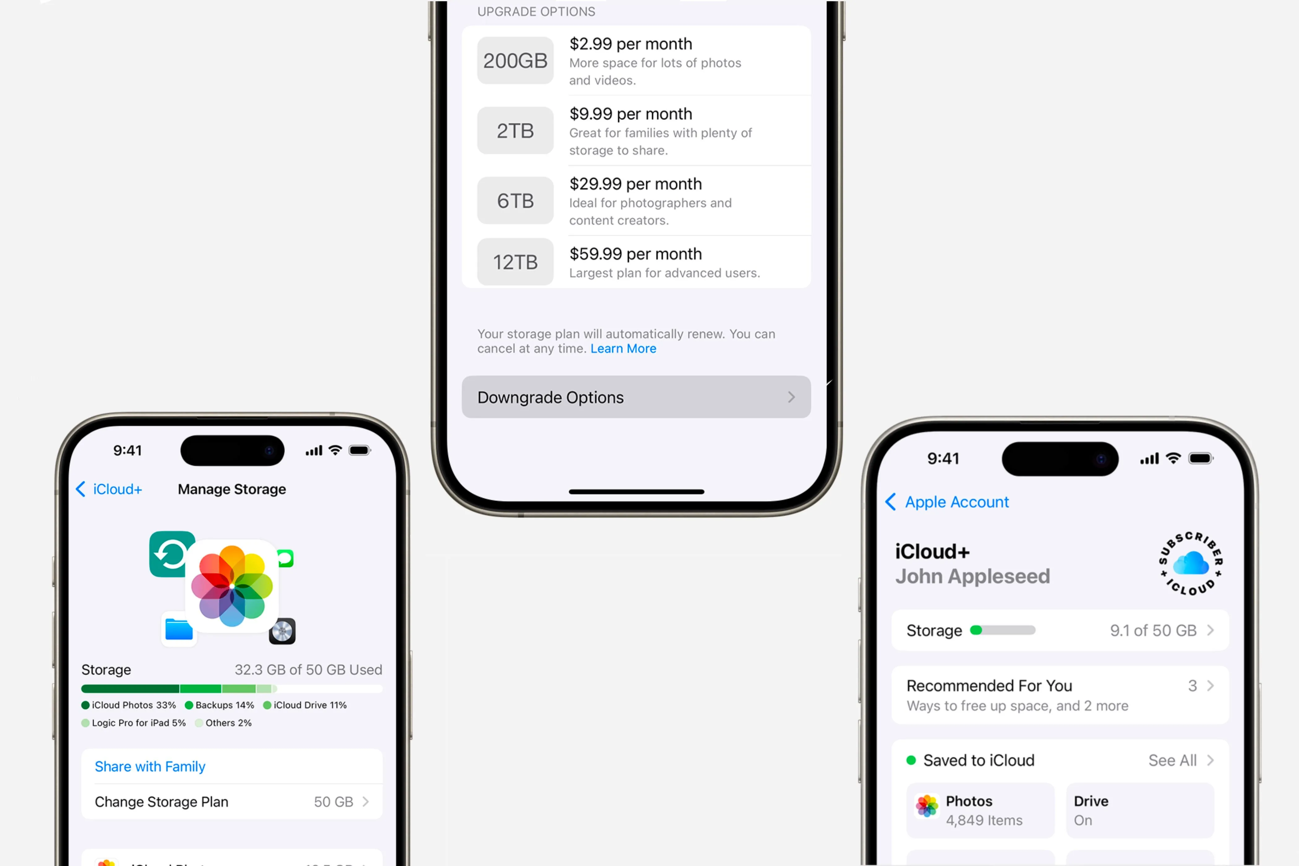 Màn hình cấu hình dung lượng iCloud trên ba chiếc iPhone, minh họa sự giảm dung lượng khi rời Family Sharing.
