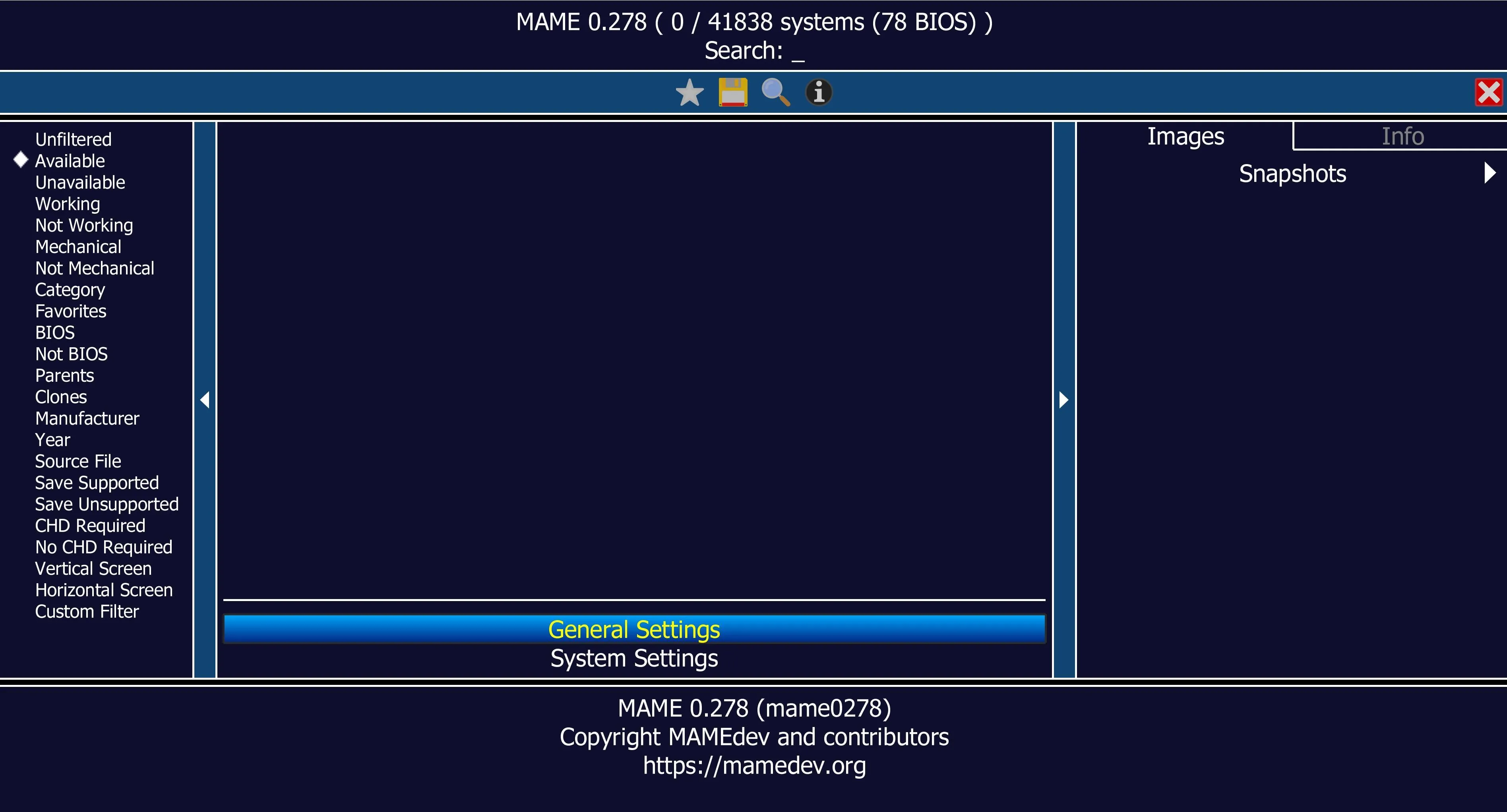 Màn hình chính của giả lập MAME hiển thị trên máy tính chạy Windows 11, với danh sách các tựa game arcade.