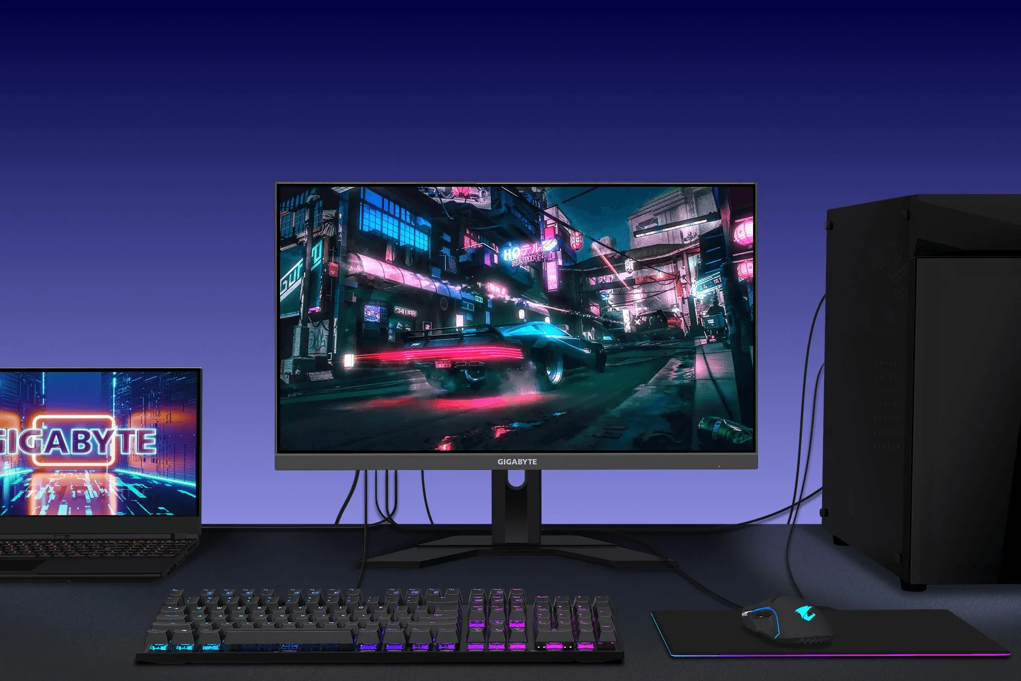 Màn hình chơi game GIGABYTE M28U trên bàn làm việc, gợi ý về không gian làm việc và chơi game.