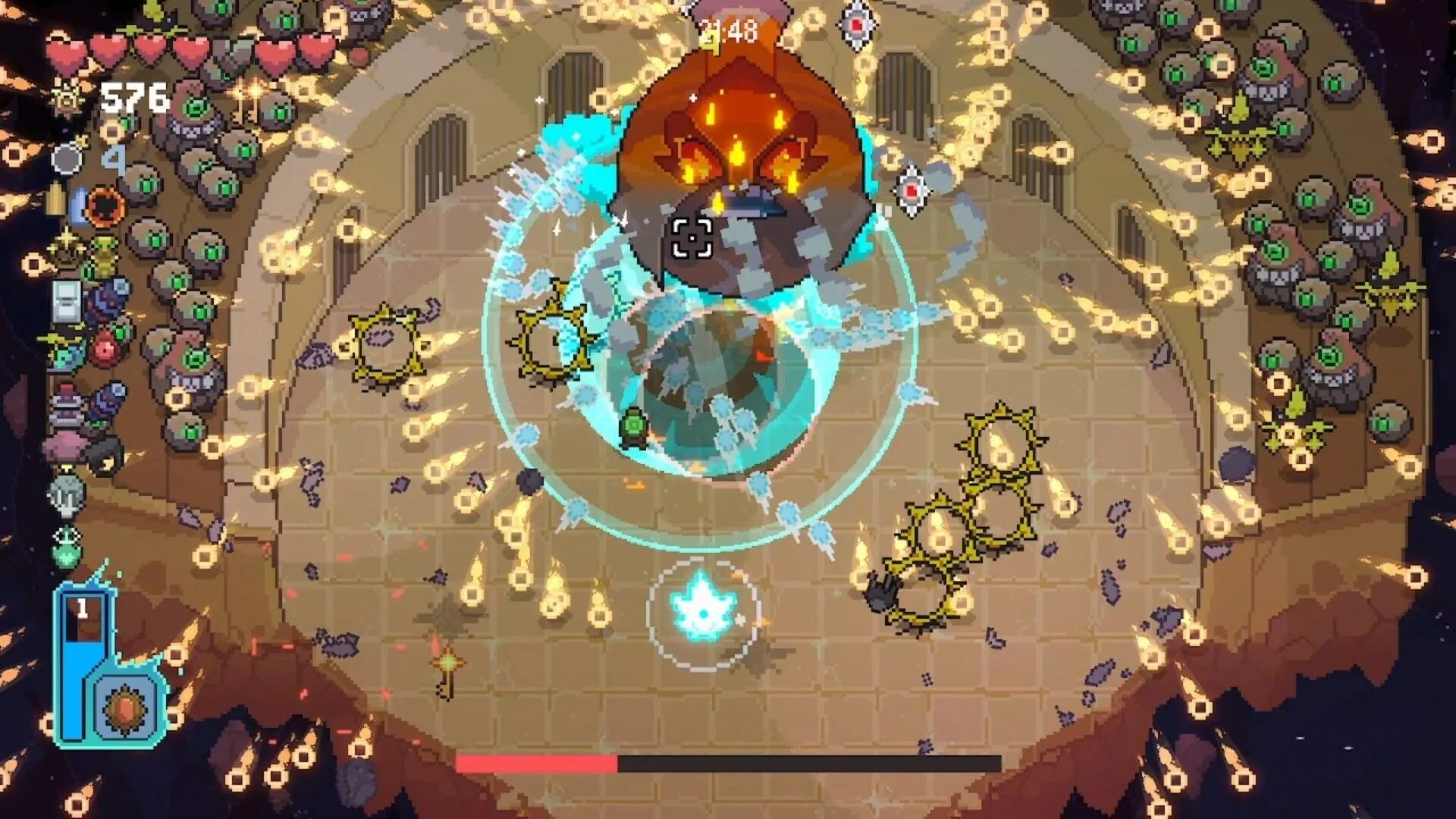 Màn hình game Asterogues với nhân vật đang né tránh vô số đạn trong trò chơi bullet hell roguelike.