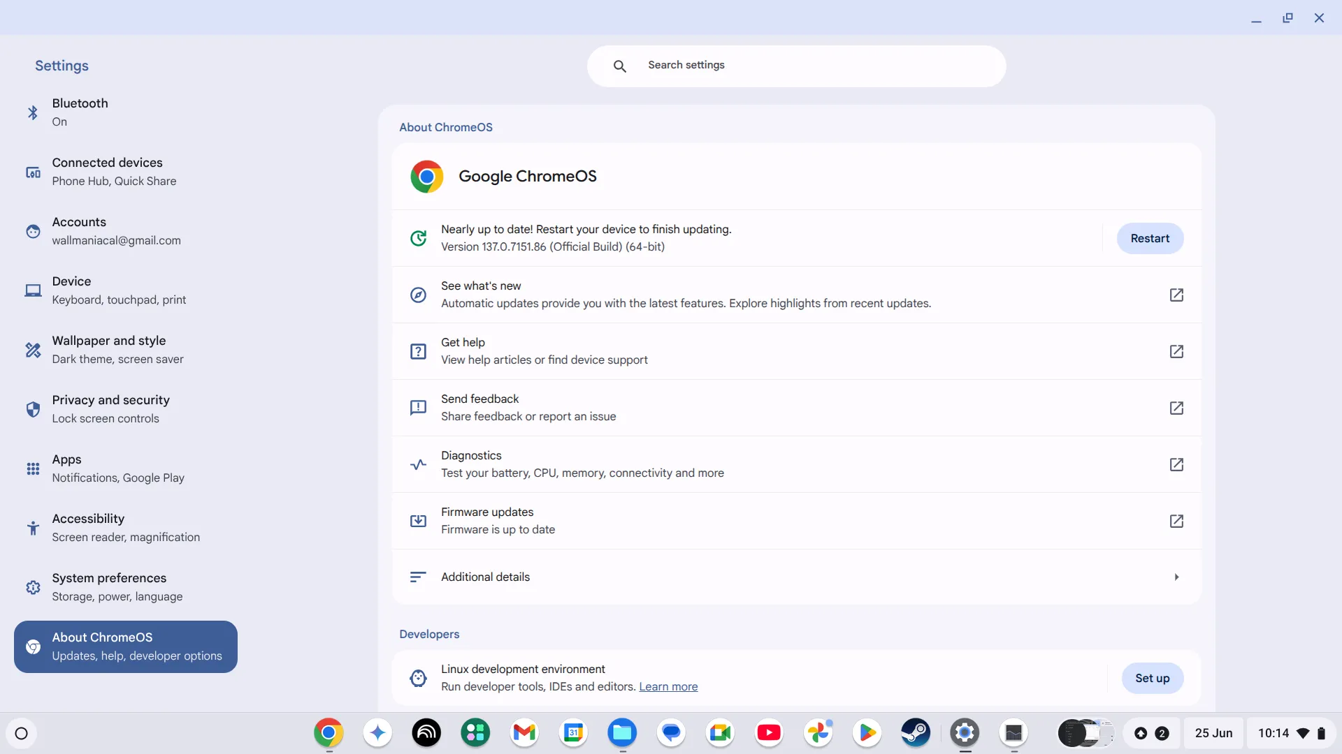 Màn hình &quot;Giới thiệu về ChromeOS&quot; hiển thị thông báo cần cập nhật hệ điều hành