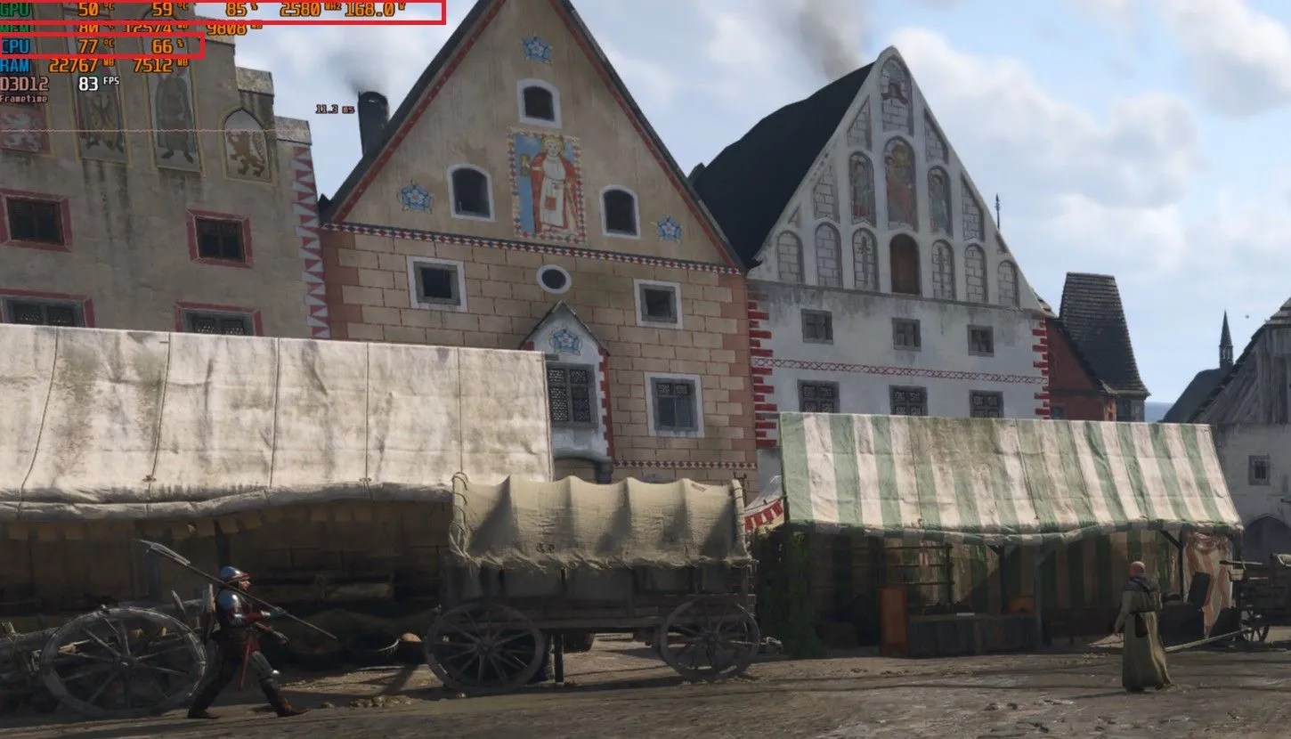 Màn hình hiển thị chỉ số hiệu suất GPU và CPU trong game Kingdom Come Deliverance II, cho thấy tình trạng nghẽn cổ chai CPU