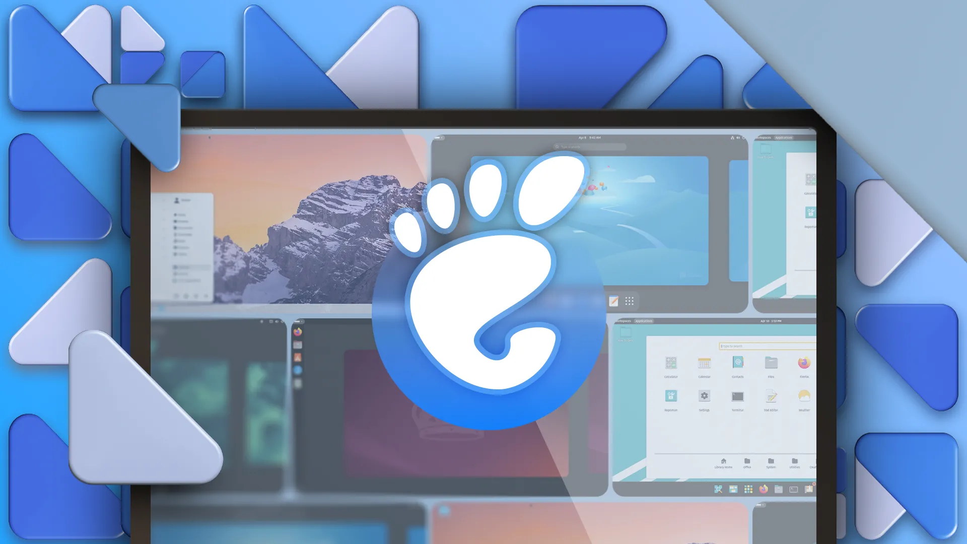 Màn hình hiển thị logo GNOME và các bản phân phối Linux phổ biến trên giao diện máy tính.