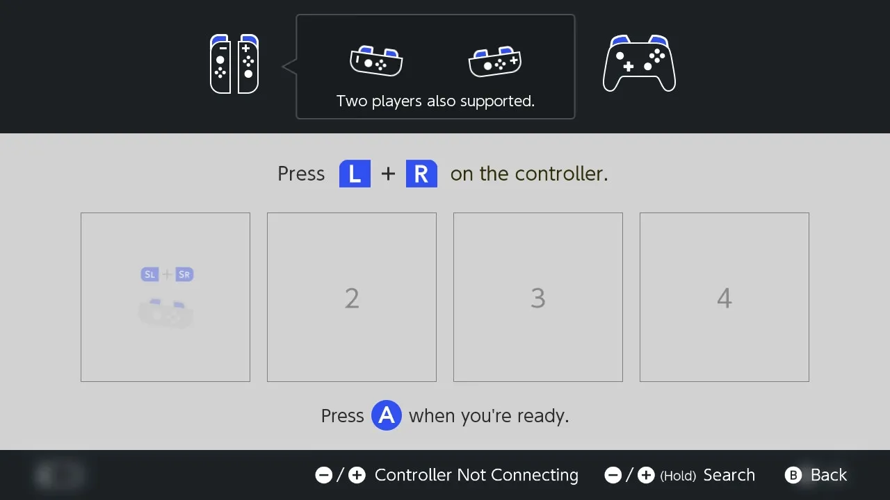 Màn hình hướng dẫn đồng bộ tay cầm Joy-Con trên Nintendo Switch, yêu cầu nhấn nút L và R