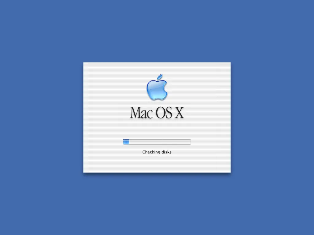 Màn hình khởi động của Mac OS X, biểu tượng cho sự khởi đầu của giao diện đồ họa &quot;Aqua&quot; và nền tảng Darwin.