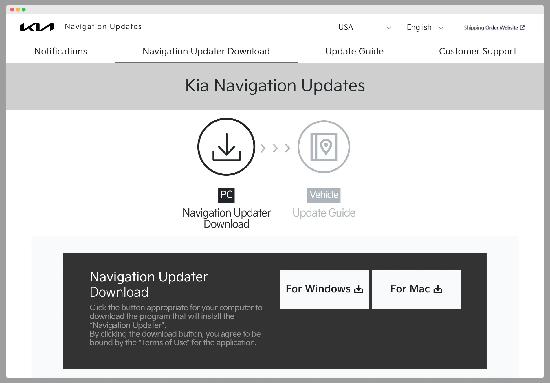Màn hình máy tính hiển thị trang web Kia đang tải công cụ cập nhật định vị.