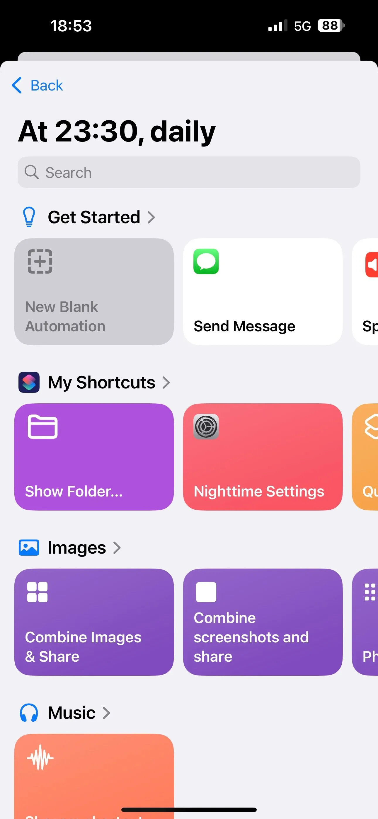 Màn hình Phím tắt để chọn hành động chính cho tự động hóa của iPhone