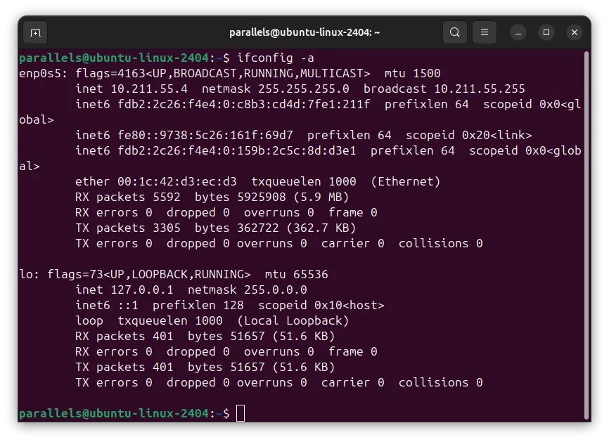 Màn hình terminal Linux hiển thị kết quả lệnh 'ifconfig -a' để xem địa chỉ IP, minh họa cách terminal giúp kiểm tra thông tin hệ thống nhanh chóng.