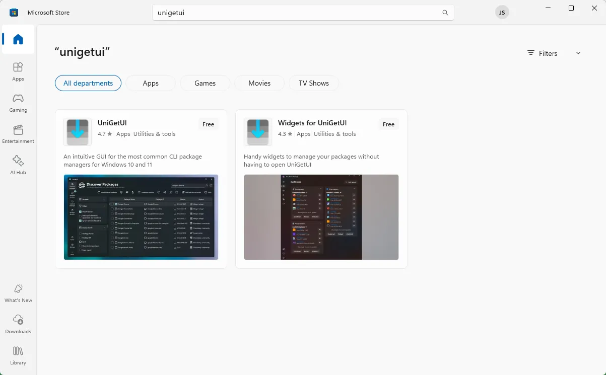 Màn hình tìm kiếm UniGetUI trên Microsoft Store với kết quả hiển thị.