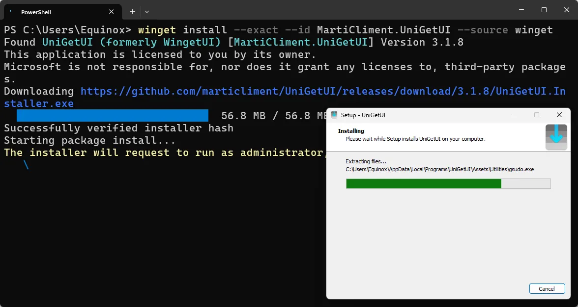 Màn hình Windows Terminal (PowerShell) hiển thị quá trình cài đặt UniGetUI thông qua lệnh winget.