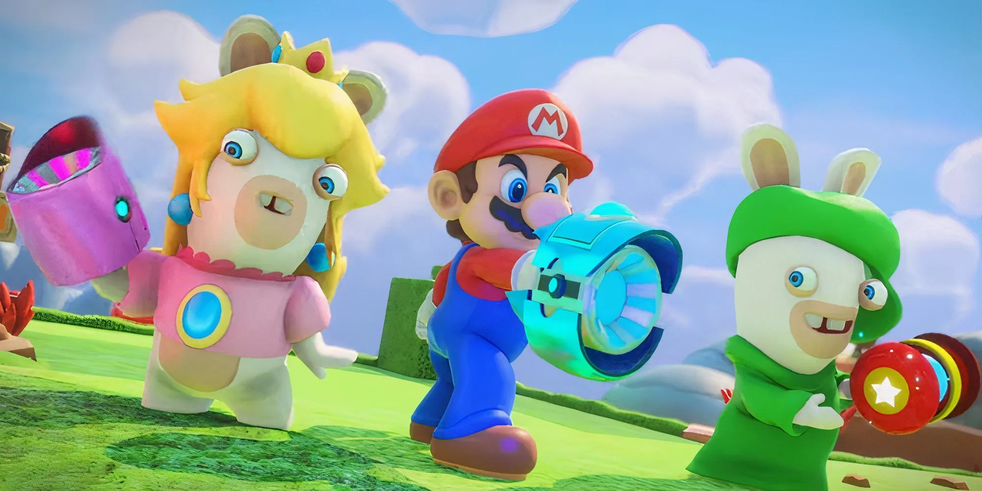 Mario trong trận chiến cùng hai nhân vật khác trong Mario + Rabbids: Kingdom Battle