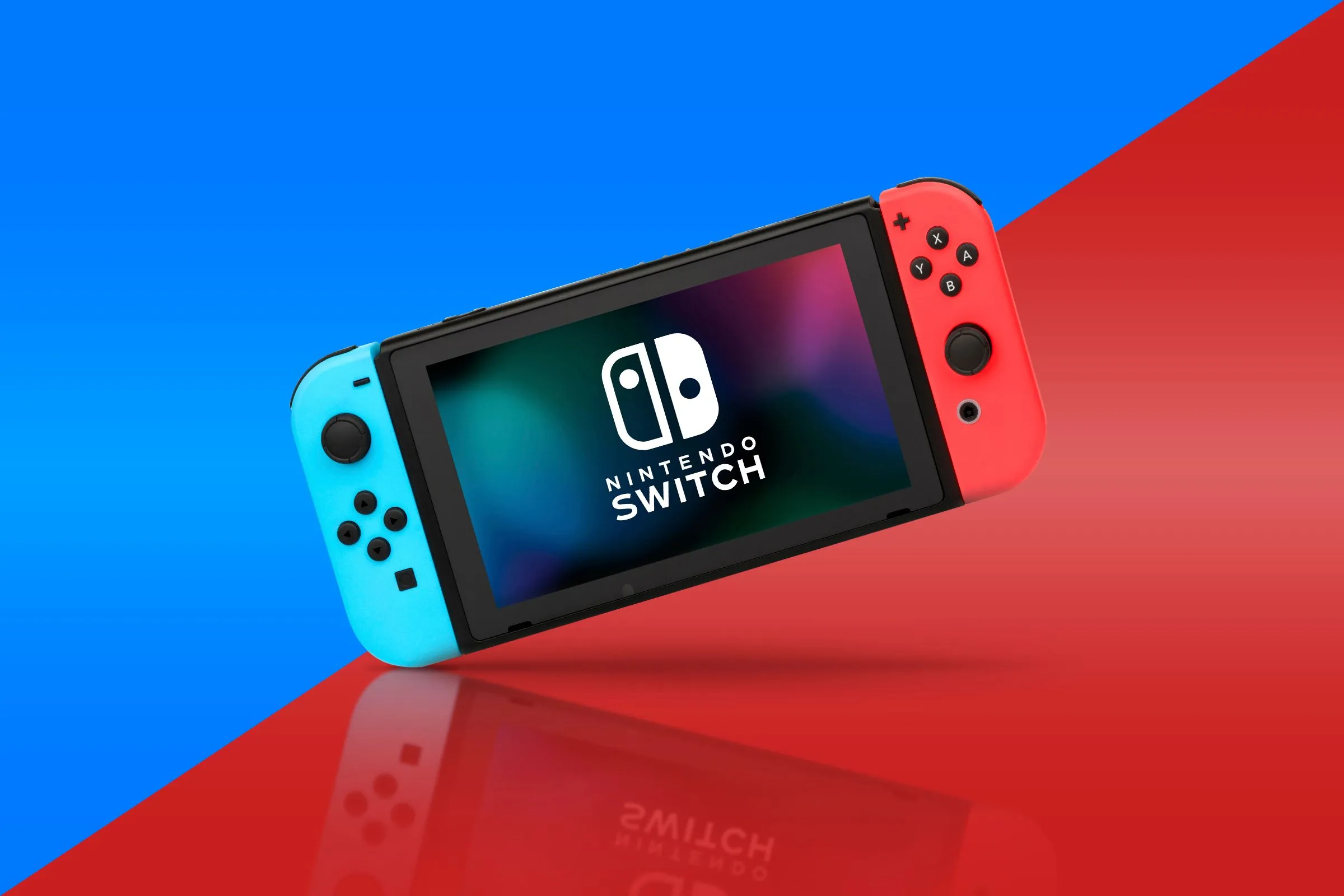 Máy chơi game Nintendo Switch với hai tay cầm Joy-Con màu xanh dương và xanh lá, tượng trưng cho tính năng chia sẻ game giữa các console.