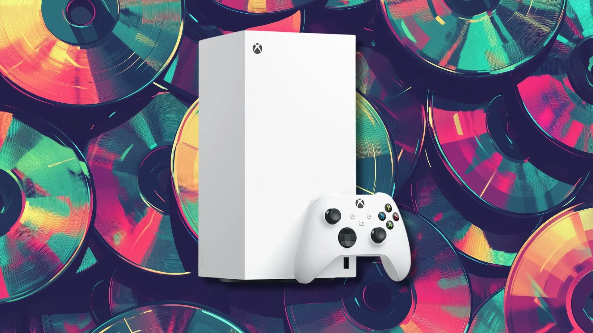 Máy chơi game Xbox Series X màu trắng trên nền đĩa game vật lý, biểu trưng cho sự chuyển đổi từ game đĩa sang game kỹ thuật số.