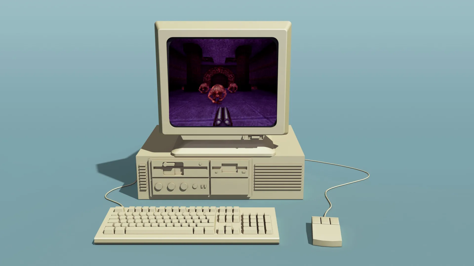 Máy tính PC cổ điển hiển thị màn hình chơi game Quake.